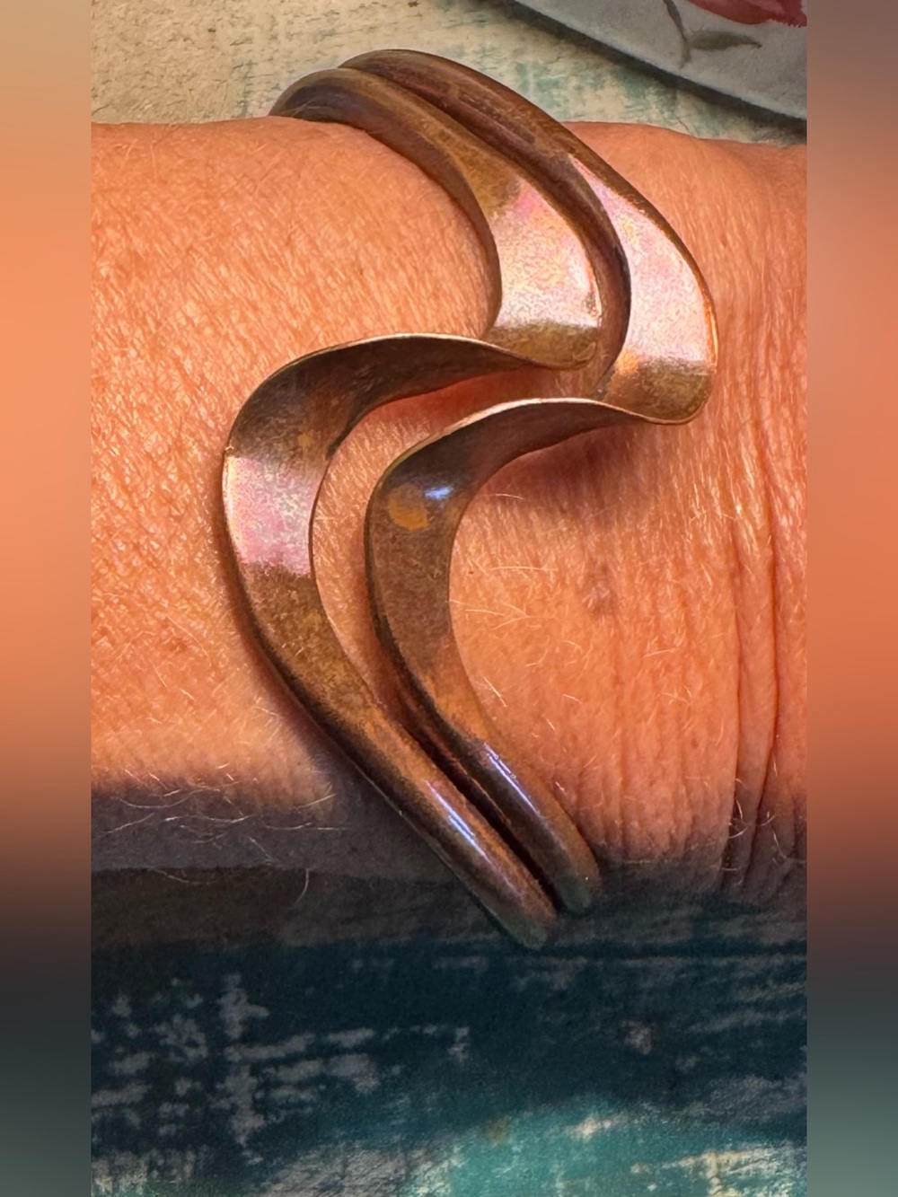 Copper Plated Bracelet Wavy Double Wire Adjustable Open Cuff Mid-Century Modern